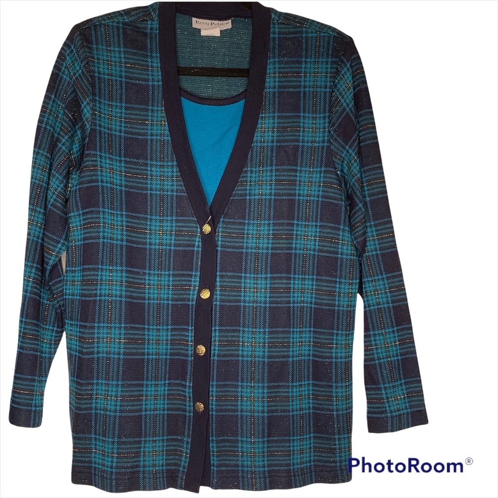 Vintage Gold Black Teal Blue Plaid V Neck Button Up Sweater